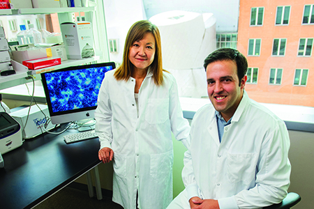 "Professor Li-Huei Tsai and Matheus Victor sit in front of computer displaying cyan-stained neurons labgenerated from skin cells of patients with Alzheimer’s disease."